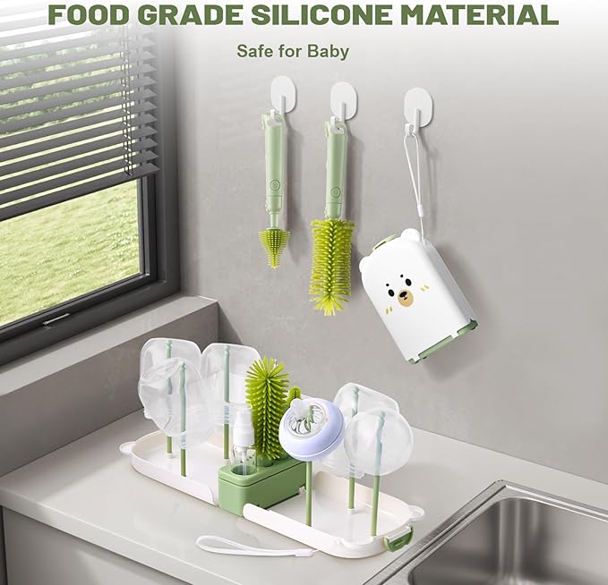 Baby Bottle Cleaner Brush Set Bottle Cleaner Brush Set Portable Bottle Cleaning Kit Set Silicone Brush, Nipple Brush, Straw Brush, Dispense Detergent Dispenser, Drying Rack - 6 in 1