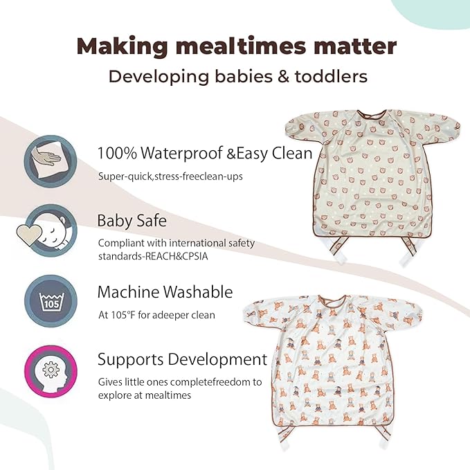 Happy Flute Long Sleeve Baby Bib-Mess Proof Baby Feeding Bibs with Adjustable Design for Babies during Eating or Highchair