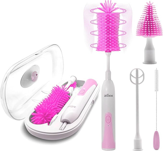 Electric Bottle Brush Cleaner New Upgrade, Portable Electric Baby Bottle Brush Cleaner for Travel, Travel Bottle Cleaner Kit with Nipple & Straw Brush, Perfect Mom Essentials After Birth Gift, Pink