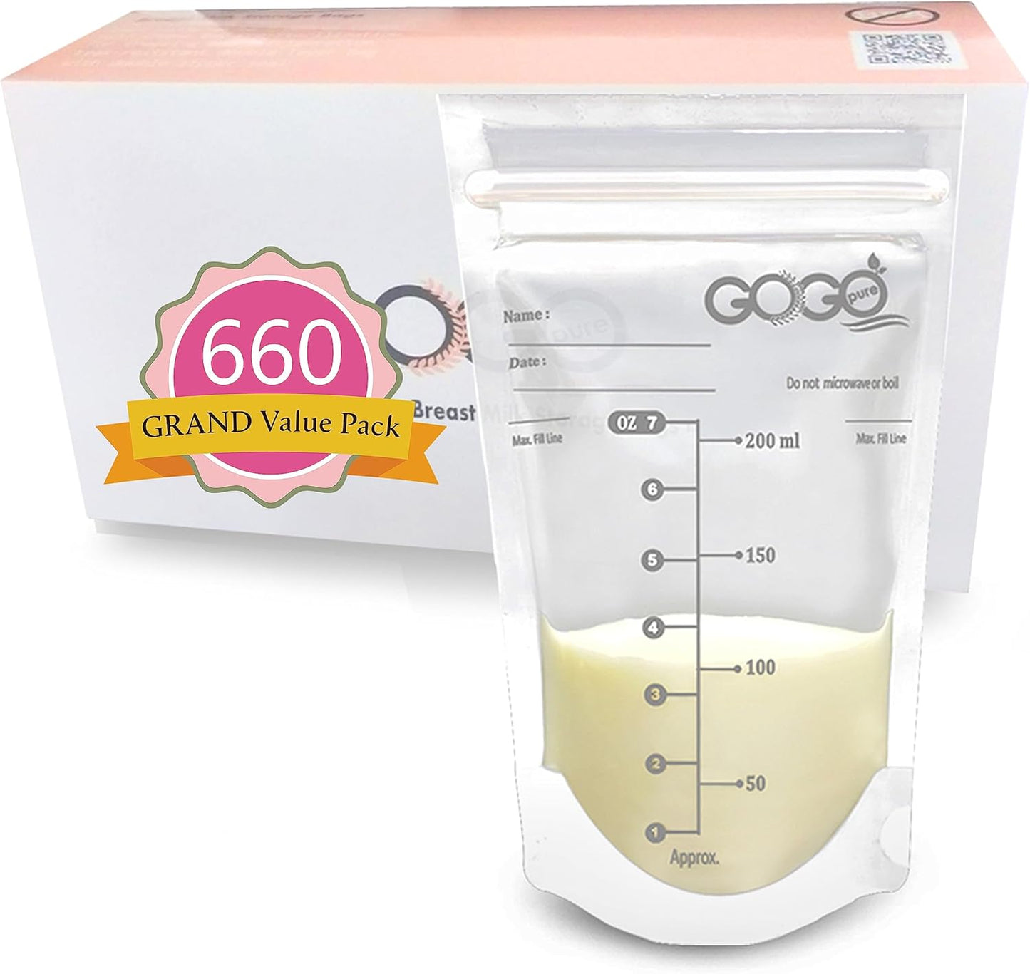 660 Count GRAND Value Pack Breastfeeding Breastmilk Storage Bags - 7 OZ, PRE-STERILIZED By Gamma Ray, BPA Free, Leak Proof Storing Double Zipper Seal, Self Stand, for Refrigeration and Freezer