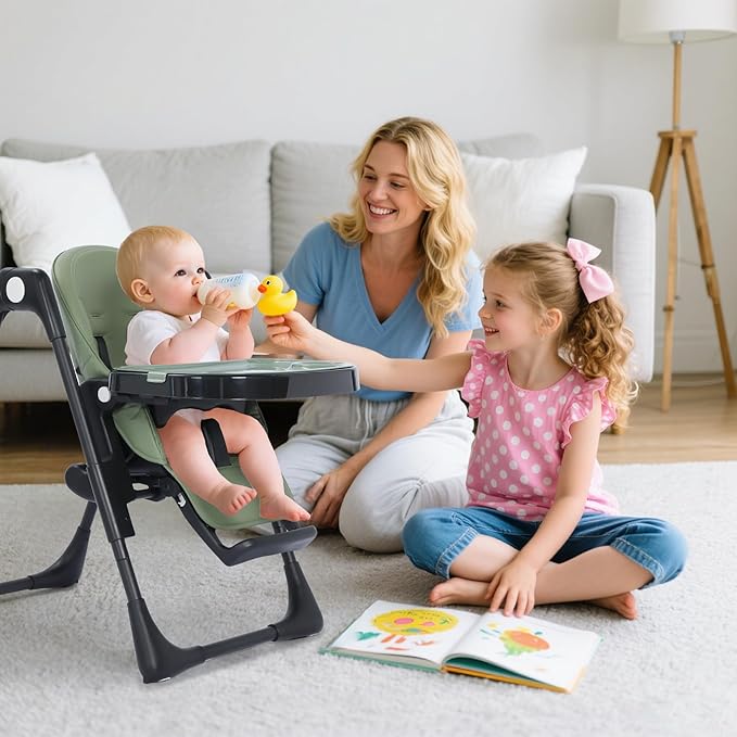 3 in 1 Foldable Baby High Chair, Infant High Chairs for Babies and Toddlers, 6 Height & 5 Recline Adjustable Toddler Feeding Chair, 2 Tray Depth & 3 Footrest Angles, 2 Built-in Wheels, Green