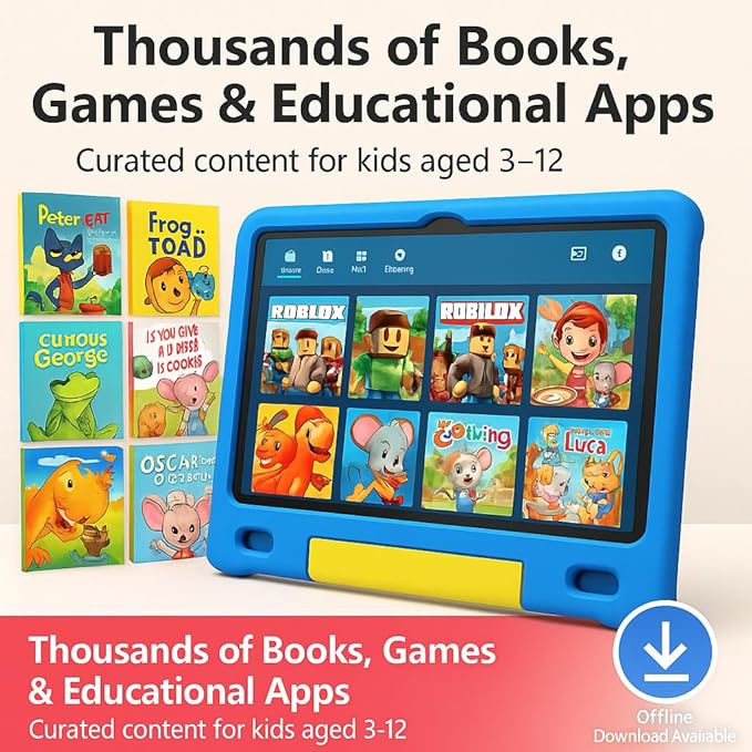 10.1 Inch Kids Tablet with Shockproof Case | Android 14, 64GB+8GB RAM, 12H Battery | Parental Control, Google Kids Space & Preloaded Educational Apps | WiFi 6, HD Display, Ages 3-12