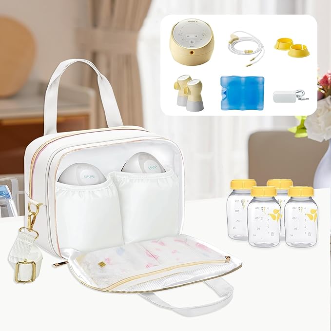 rain bunny Wearable Breast Pump Bag with Cooler and Ice Pack Compatible with Elvie Pumps and Medela Pump in Style, Pumps Cooler Bag with Shoulder Strap, Work, Travel and Family Use (White)