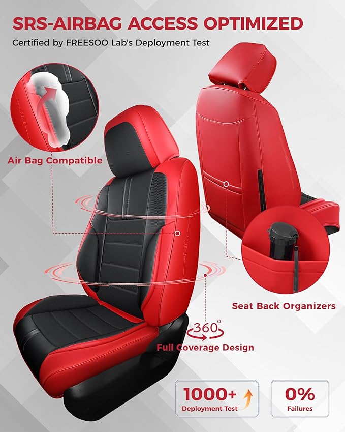 FREESOO Red Black Front Car Seat Covers - Faux Nappa Leather Seat Covers for Cars, with Carbon Fiber Texture Seatbelt Pads, Interior Protectors Universal Fit for Most Vehicles Sedans SUV Trucks Camry