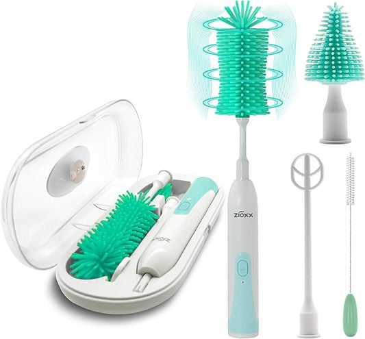 Electric Bottle Brush Cleaner New Upgrade, Portable Electric Baby Bottle Brush Cleaner for Travel, Travel Bottle Cleaner Kit with Nipple & Straw Brush, Perfect Mom Essentials After Birth Gift, Green