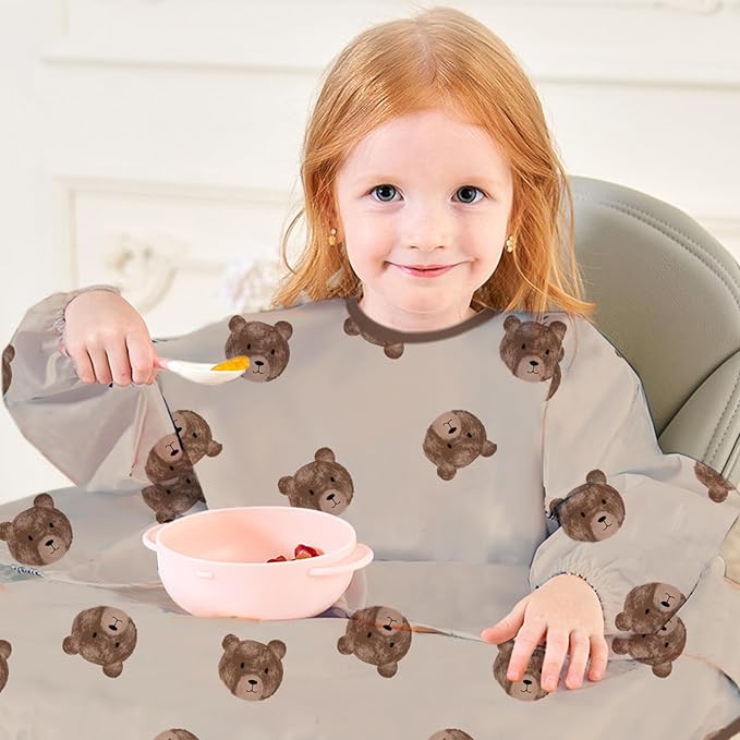 2-Pack Long Sleeve Baby Bib,Coverall Baby Bibs for Eating,Waterproof,Attaches to Highchair&Table,Ages 1 to 3 Years