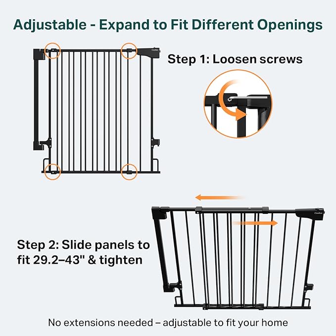 Cumbor 29.2–43" Baby Gate for Stairs, Wall-Mounted (Drill Required), Expandable No Bottom Bar Dog Gate, Auto Close Extra Wide Walk Thru, Pet & Toddler Proof Gate, Top & Bottom of Stairways(Black)