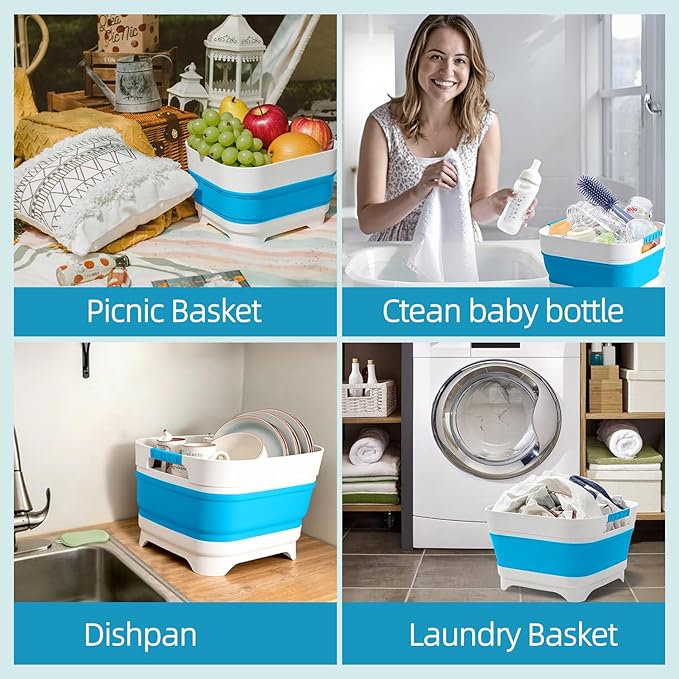 Collapsible Wash Basin for Baby Bottles - 2.4 Gallons Portable Wash Bin for RV Camping Sink, Space-Saving Dish Tub.Laundry & Utility Room Sinks (Blue)