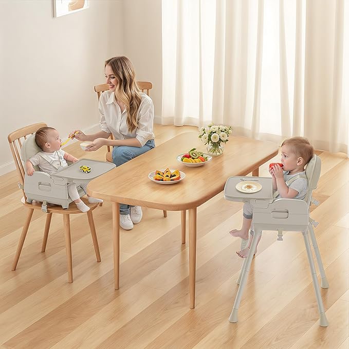 3-in-1 Portable Baby High Chair for Babies and Toddlers, Convertible Easy Clean Infant Foldable Highchair with Adjustable Legs & Dishwasher Safe Tray, Beige