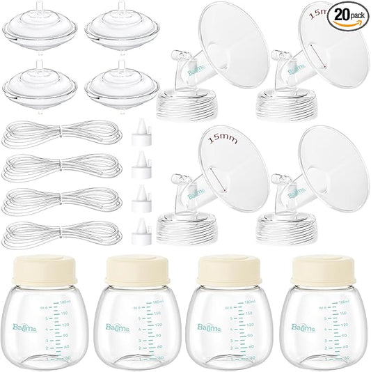 Breast Pump Parts Compatible with Spectra S1/S2/9 Plus, Not Original Accessories, 4 Set Replacements Include 15mm Flanges, Valves, Backflow Protectors (Duckbills Included), Tubings and Bottles