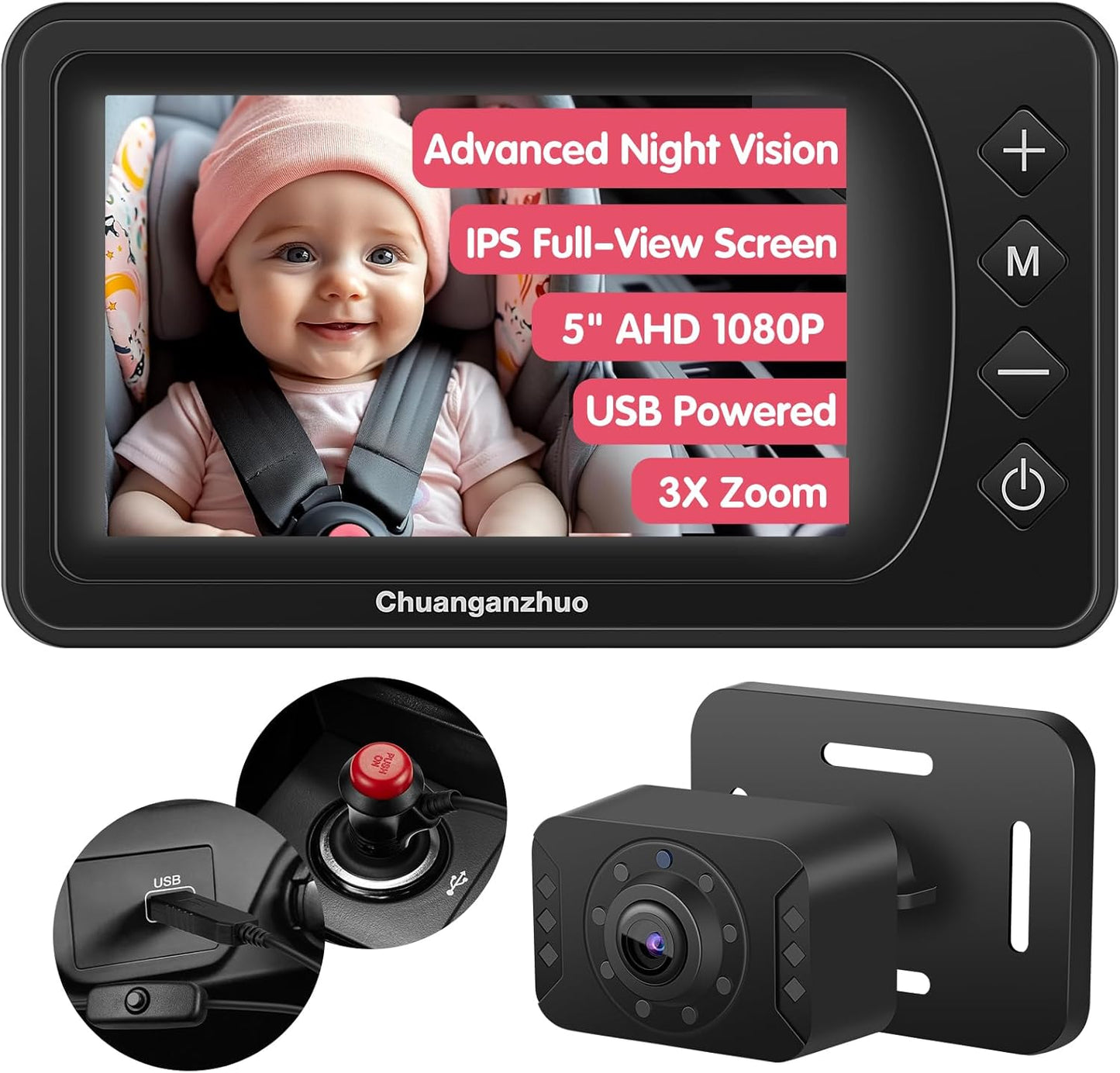 S100U Baby Car Camera with Advanced Night Vision, 3X Zoom, USB Powered, 5'' AHD 1080P IPS Crystal-Clear Car Baby Monitor, Backseat Camera for Kids Infants Rear Facing, 5inch Black