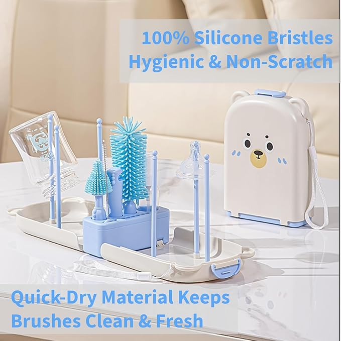 Travel Bottle Cleaner kit, 7in1 Baby Airplane Travel Essentials Silicone Travel Bottle Brush Set with Nipple, Drying Rack, Straw, & Breast Pump, Soap Dispenser & Organizer Case, Gift for Mom (Blue)