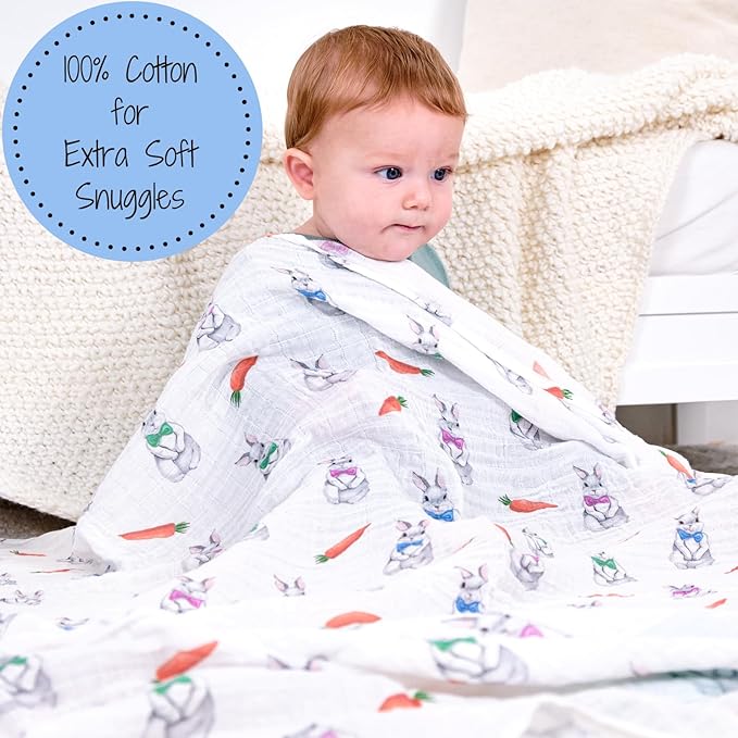 LollyBanks Swaddle Blanket, 100% Cotton Muslin Swaddle Blankets, Neutral Swaddle Blanket 47 x 47 Inches, Baby Blanket for Boys and Girls, Baby Essentials, Registry (Bunny Print)