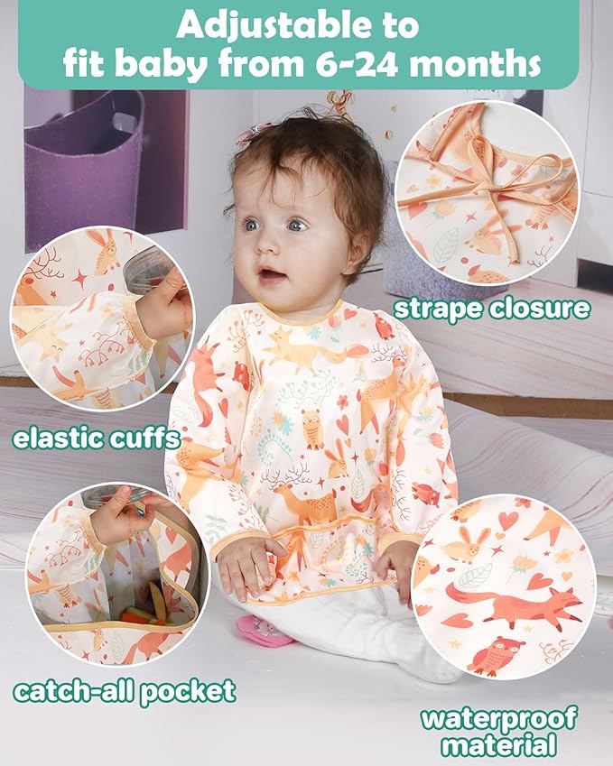 Lictin 3 Pack Baby Bibs for Boy or Girl, Cute Long Sleeve Bib, Waterproof Bibs for Toddlers,Adjustable Closure Baby Smock, Mess Proof Baby Bib, 6-24 Months Reusable Infant Baby Bibs