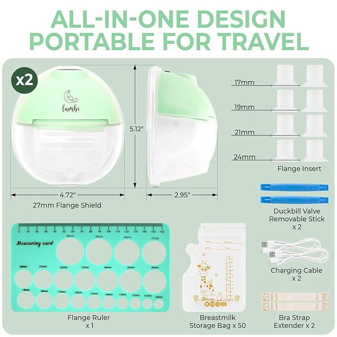 Lumbi L1 Hands-Free Breast Pump Set - Hospital Grade - 17/19/21/24 Silicone Insert Flanges & 27mm Silicon Flange, 50 Milk Bags, 3 Quiet Modes 9 Levels, LED Display, Custom Shut Off Timer, Flange Ruler