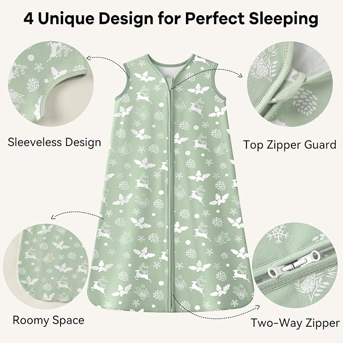 Baby Sleep Sack 18-24 Months 1.0 Tog Baby Wearable Blanket 100% Cotton Sleeping Sack with 2-Way Zipper for Toddler Infant Green Tree