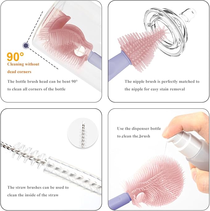 HOEREV Portable Baby Silicone Bottle Brush Set Include Pacifier Brush, Straw Brush, draining Rack, Portable Box