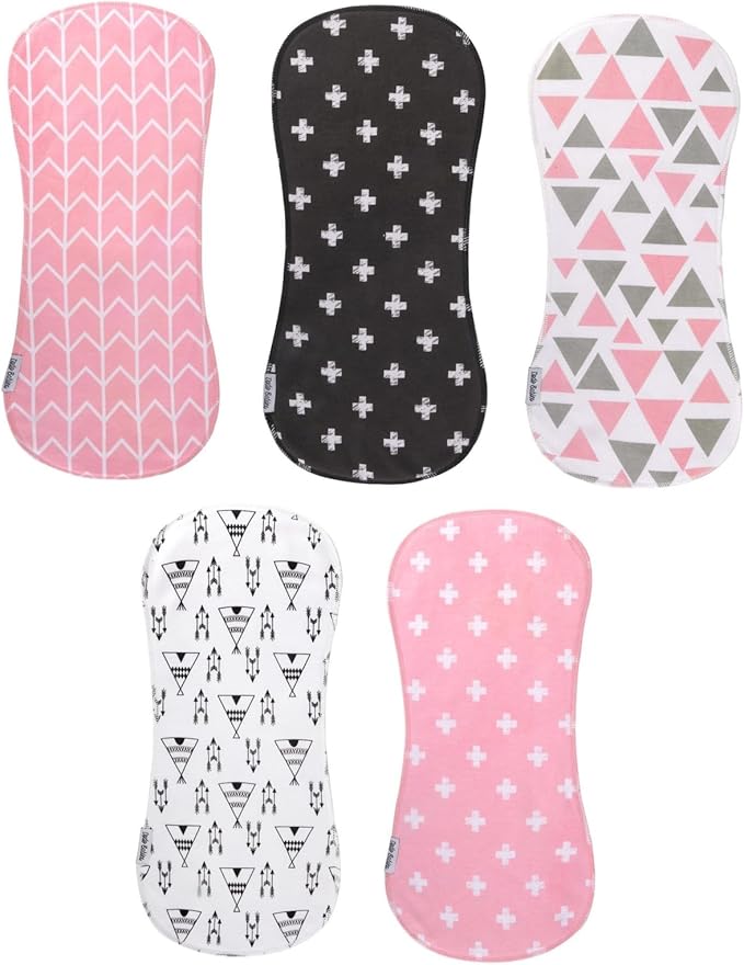 Dodo Babies 5-Pack Baby Burp Cloths - Soft & Absorbent Cotton Burp Cloths are Newborn Essentials Must Haves - Includes Pacifier Case and 2 Pacifier Clips - Colors: Pink, Grey, and Black