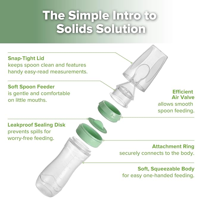 Haakaa Silicone Baby Food Dispensing Spoon Feeder 4oz - Infant Squeeze Cereal Feeder, Baby Fresh Food Feeder, Feed Bottle for Puree, Solid Baby Food, BPA Free, 4m+ Babies – Pea Green