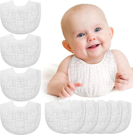 Tatuo 10 Pcs White Muslin Baby Bibs for Baby Boy Girl Adjustable Soft Absorbent Bandana Bibs Bulk for Drooling and Teething