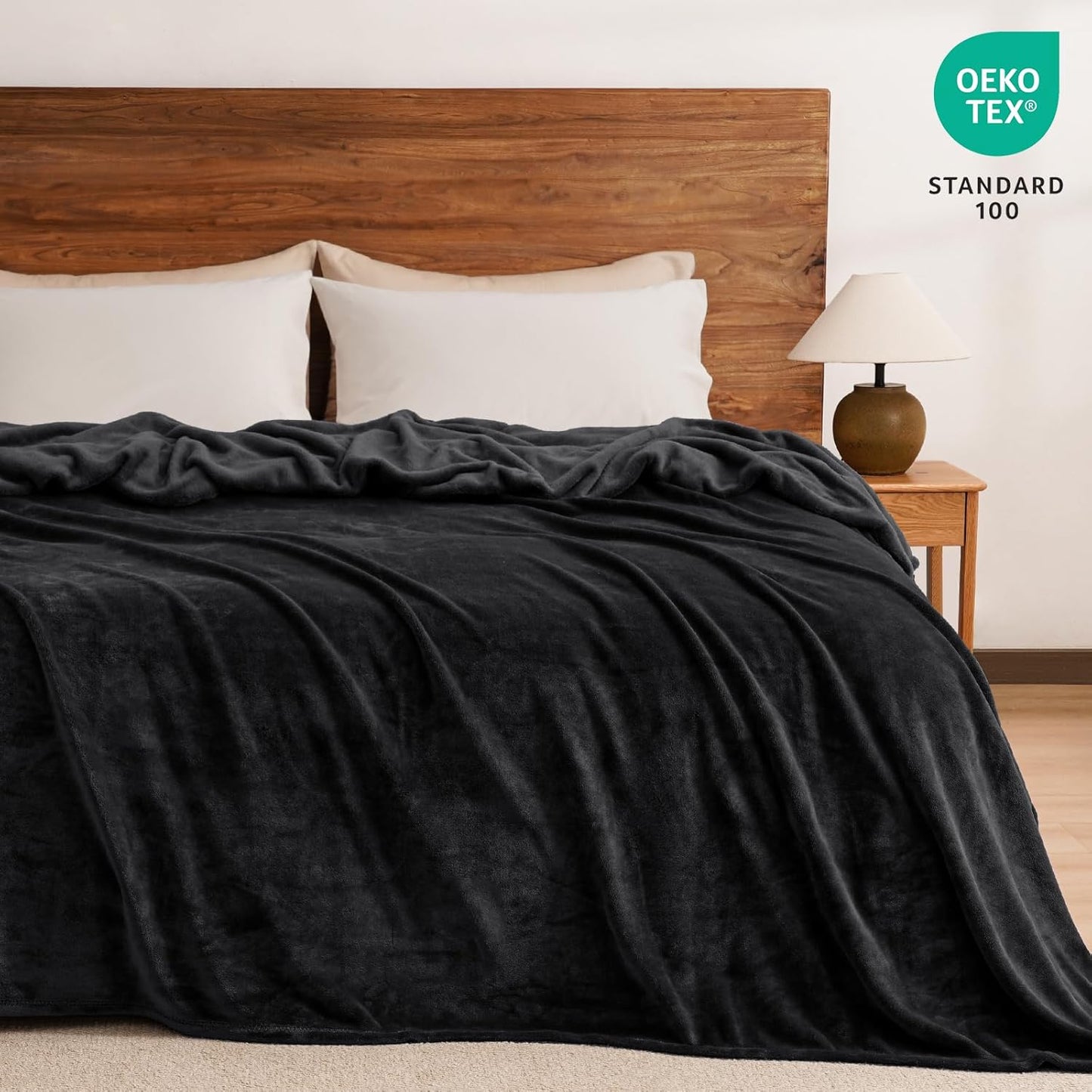 PHF Ultra Soft Fleece Blanket Queen Size, No Shed No Pilling Luxury Plush Cozy 300GSM Lightweight Blanket for Bed, Couch, Chair, Sofa Suitable for All Season, 90" x 90", Black