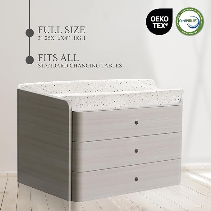 Organic Cotton Contoured Baby Changing Pad w/Waterproof Foam Mattress, Includes Soft, Removable & Washable Cover, Safety Strap, Non-Slip Bottom, Topper for Standard Size Infant Diaper Table & Dresser