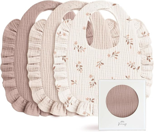 Konssy Muslin Baby Bibs for Girls – Soft 100% Cotton Drool Bibs, Ruffle Trim for Newborns & Toddlers 0-36 Months 3-Pack