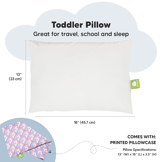 Toddler Pillow with Pillowcase - 13x18 My Little Dreamy Kids Travel Bed Pillows for Sleeping, Organic Cotton Small Pillowcase, Soft & Breathable, Machine Washable, Toddlers 2-5 Years Old (Unicorn)