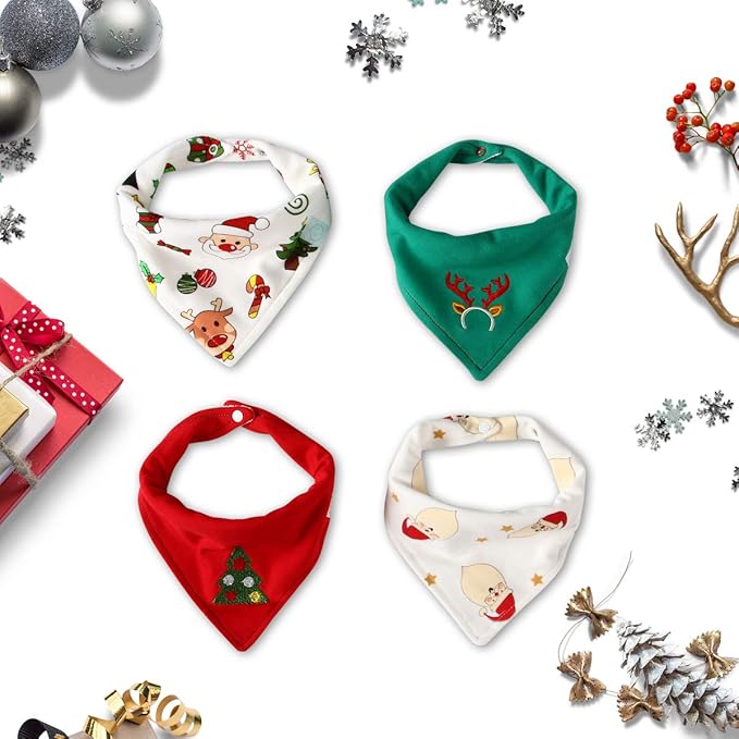 Little Dimsum Baby Bandana Drool Bib for Christmas Baby Bibs Boys & Girls Super Absorbent 100% Organic Cotton Baby Bandana Baby Gift Set for Teething Drooling(Christmas 4-Piece Bib