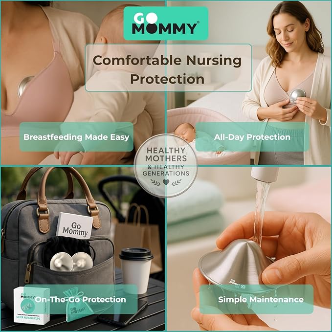 Silver Nipple Shields for Breastfeeding Newborn & A Breastfeeding Essential by Go Mommy - Silver Nursing Cups for Sore Nipple Relief, Protects & Heals Cracked Nipples