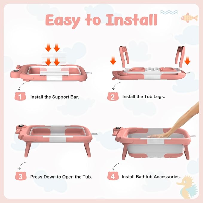 Collapsible Baby Bathtub for Newborn to Toddler (0-24 Months), Portable Baby Bath Tub for Travel, Newborn Bathtub with Soft and Supportive Cushion (Astronaut-Pink)