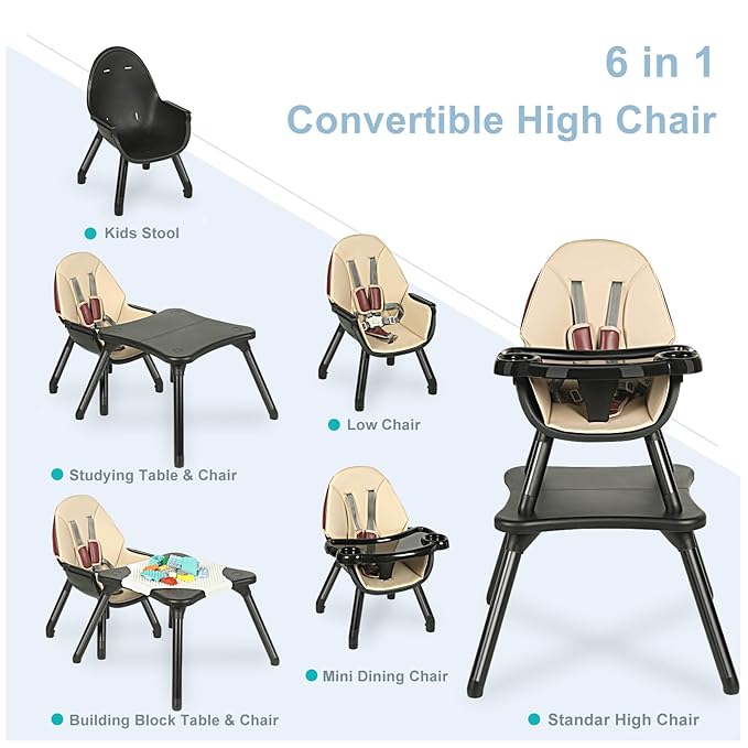 6 in 1 Baby High Chair, Convertible Highchair for Babies and Toddlers, Building Block Table Highchair with 5-Point Safety Harness/Removable Tray, Infant Feeding Table and Chair Set, Black