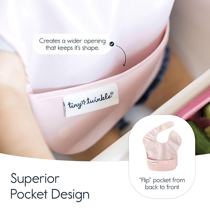 Tiny Twinkle Mess Proof Baby Bibs for Eating – Waterproof, Wipeable Toddler Bibs with Pocket – Baby Food Bibs for Girls & Boys(5 Pack, Girl Spring)