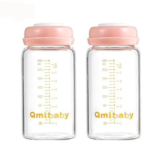 Breast Milk Storage Bottles 240ml 8oz BPA-Free Leak-Proof Baby Bottle for Breastmilk Storage Wide Neck Bottles with Screw Ring Sealing Disk Breastfeeding (Pink, 240ml-2Packs)