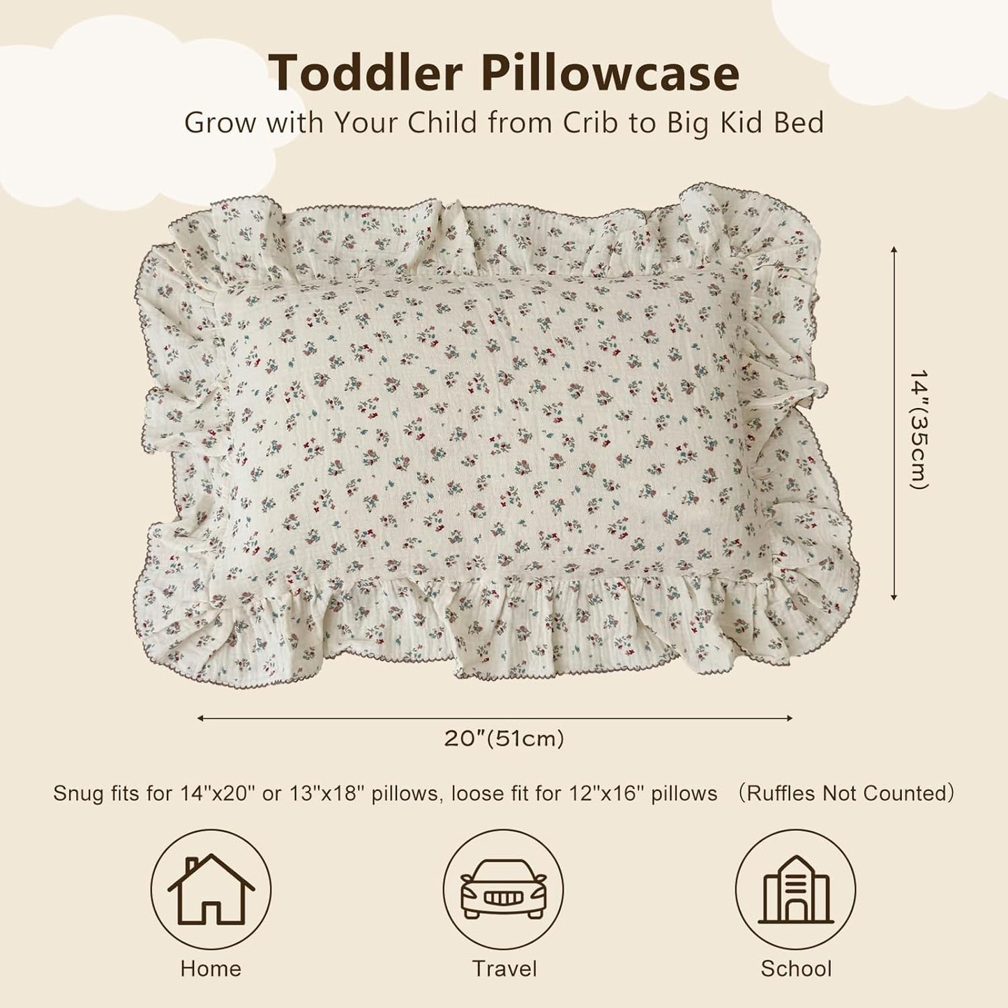 BuLuTu Cute Floral Print Pillowcases for Toddler Girls Boys, 14"x20", 1 pc, 2 Layers Muslin Cotton Pillow Cases for Crib Toddler Bed Pillow Cover, Envelope Closure, Machine Washable