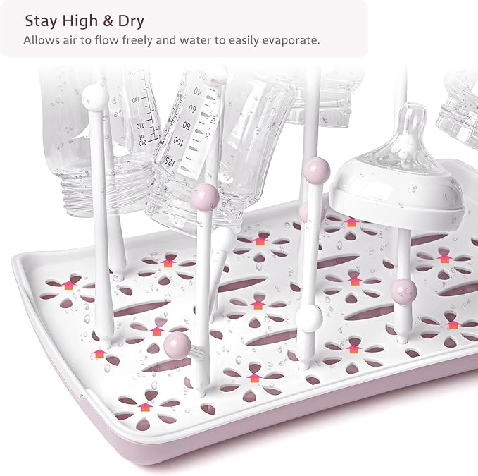 Termichy Baby Bottle Drying Rack, Large Capacity Baby Bottle Rack for Bottles, Dry Rack with Removable Water Tray(Pink)