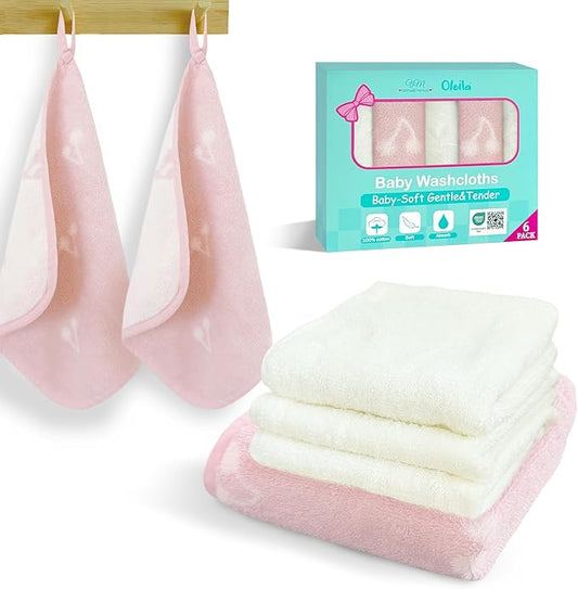 VOOVA & MOVAS 6 Pack 100% Cotton Baby Washcloths | 12x12 Inches | Highly Absorbent | Ultra-Soft Newborn Towels | Perfect Set,Baby Essentials | Jacquard Cherry & Ivory Colors