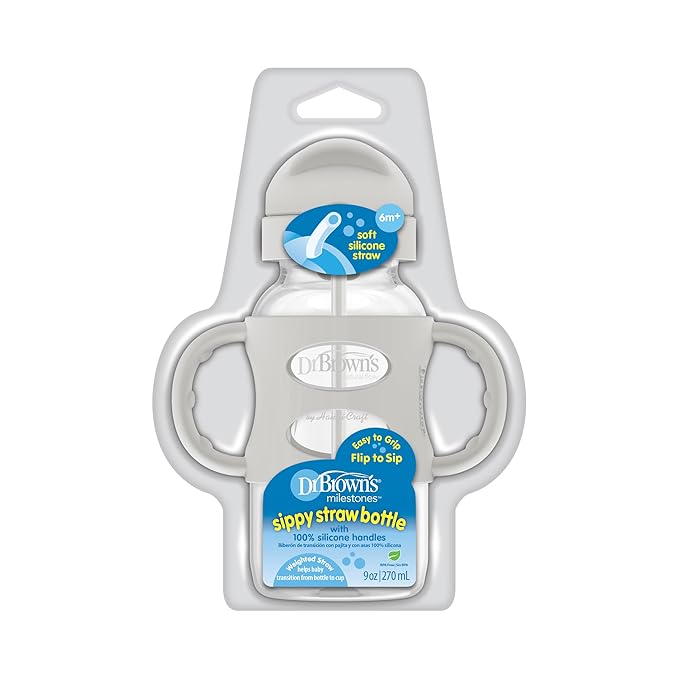 Dr. Brown's Milestones Wide-Neck Sippy Straw Bottle with 100% Silicone Handles and Weighted Straw, 9 oz/270 mL, Gray, 6m+