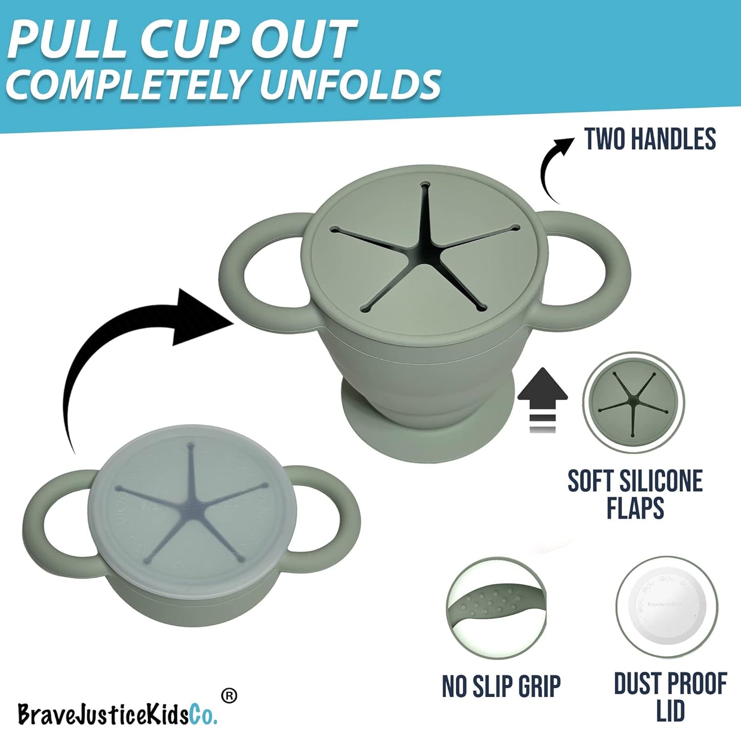 BraveJusticeKidsCo. | Snack Attack II Snack Cup | Collapsible Silicone Snack Container | Toddler and Baby Snack Catcher Lid (Desert Sage)