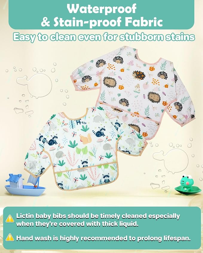 Lictin Long Sleeve Bibs 5 Pack - Baby Bibs, Waterproof Toddler Bibs, Baby Smock for Eating, Baby Bibs for Feeding Teething