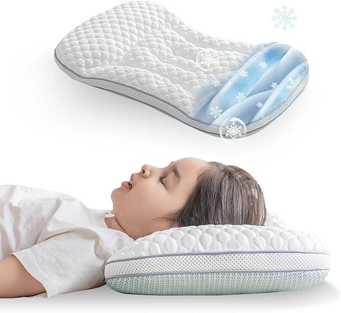 Reidio Toddler Pillows Double Sided Cooling Fabric & Breathable Mesh Kids Pillow Dual Heights Ergonomic Design Advanced Hose Filler Machine Washable (Blue Green, H1)