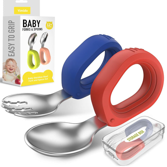 Toddler Utensils Baby Utensils Toddler Forks and Spoons Baby Forks and Spoons Set Kids Stainless Steel Silverware Set Children Safe Forks and Spoons self feedig-Dishwasher Safe(Red+Blue)