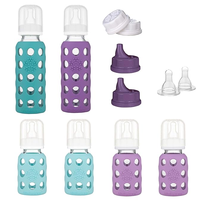 Lifefactory Baby Bottle Starter Set 12-Piece | 4 oz Mint & Lavender, 9 oz Kale & Grape | Includes Flat Caps, Sippy Caps, Stage 3 Nipples