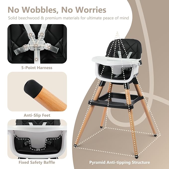 Kinder King 7 in 1 Baby High Chair for Babies and Toddlers with Large Storage Footrest, Booster Seat, Convertible Wooden High Chair with 3-Depth Double Dishwasher Safe Tray, 5 Point Harness, Black