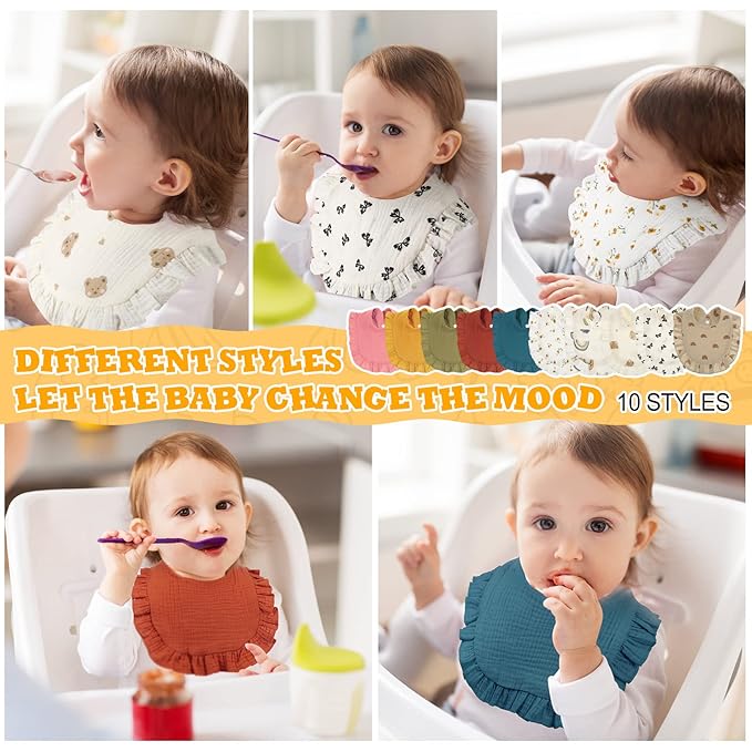 Mepase 10 Pcs Large Muslin Baby Girl Bibs Drool Teething Bibs Lap Shoulder for Boy Girls Teething(Retro Colors)