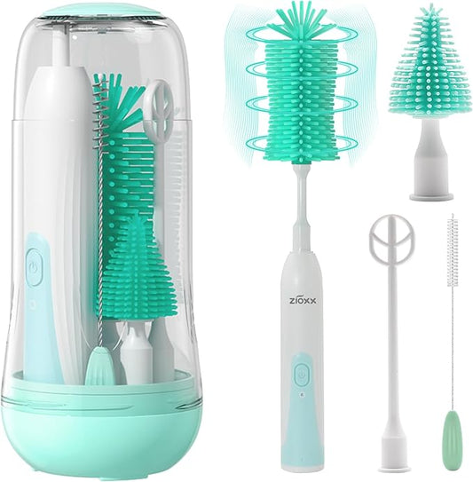 Electric Bottle Brush Cleaner, Portable Electric Baby Bottle Brush Cleaner for Travel, Rechargable Travel Bottle Cleaner Kit with Nipple & Straw Brush, Perfect Mom Essentials After Birth Gift, Green