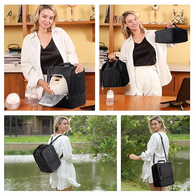 NCVI Breast Pump Bag, Double Layer Removable Pump Bag for Spectra S1, S2, Medela, Breast Pump Backpack with Ice Pack, Insulated Breast Milk Cooler Bag for Working Nursing Moms, Black