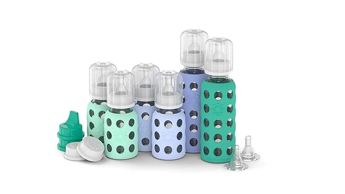 Lifefactory Baby Bottle Starter Set 12-Piece | 4 oz Mint & Blanket, 9 oz Kale & Blueberry | Includes Flat Caps, Sippy Caps, Stage 3 Nipples