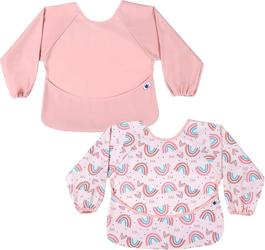 SPINFOX 2 Pack Baby Smock for Eating, Mess Proof Baby Bib, Waterproof Toddler Baby Feeding Bibs Shirt for Girl 6-24 Months