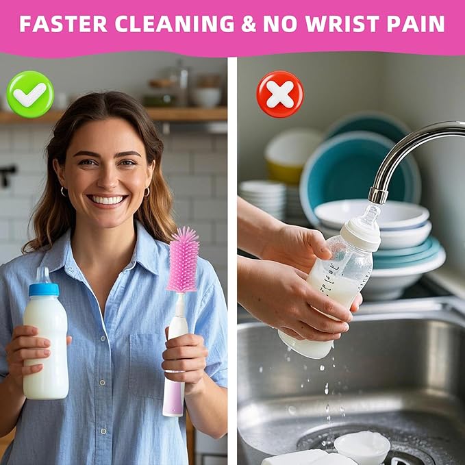 Electric Bottle Brush Set with Silicone Pacifier/Straw Brush and Mixing Head, Water Bottle Cleaner with Drying Rack, 2 Modes & 360 Rotation (Purple)